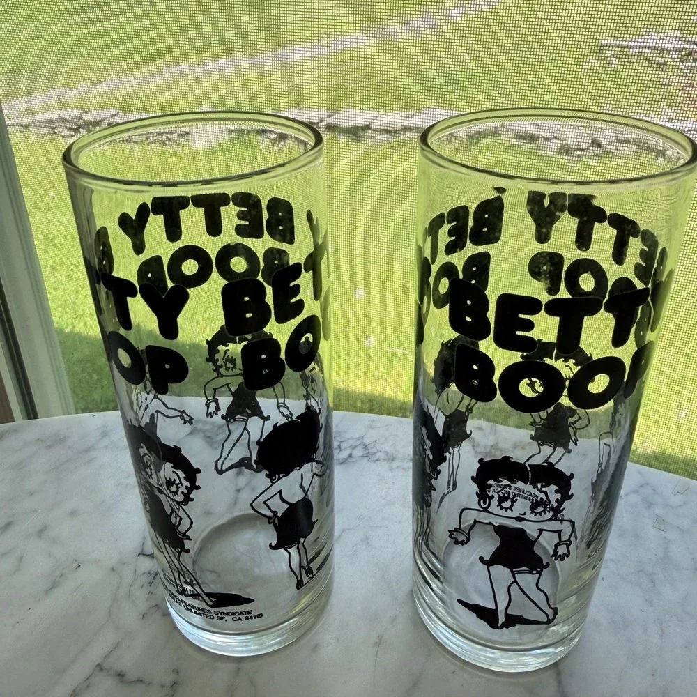 Vtg 1988 Libbey Betty Boop 10oz Clear Glass Drinking Tumblers Highball Set Of 2